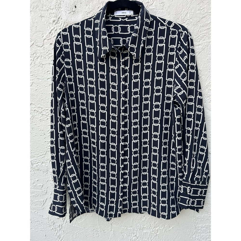 Mango MNG Black White Chain Link Print Button Down Blouse Size 8 L